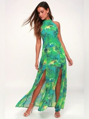 Lulu's Tropic Discussion Green Tropical Print Halter Maxi Dress Front Slits XL